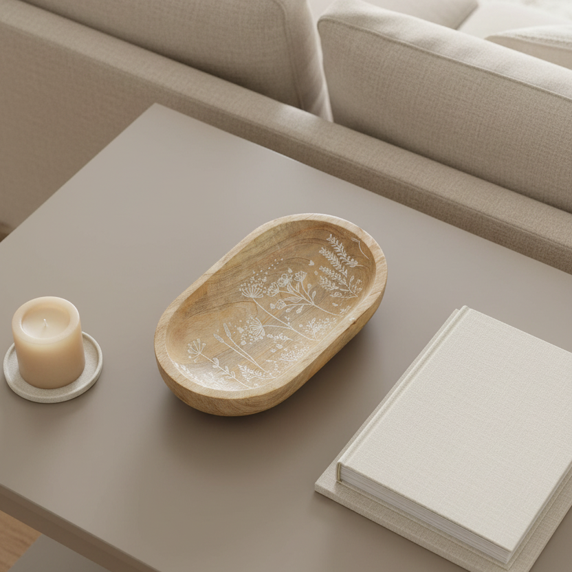 Flower Carved Wood Oval Bowl