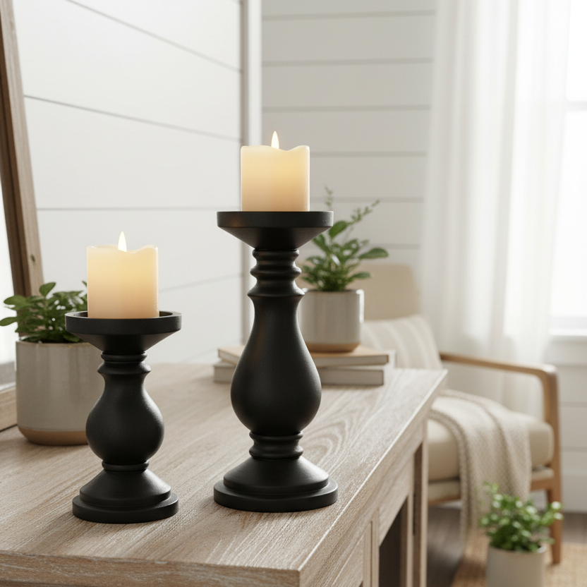 Mango Wood Candle Holder Black