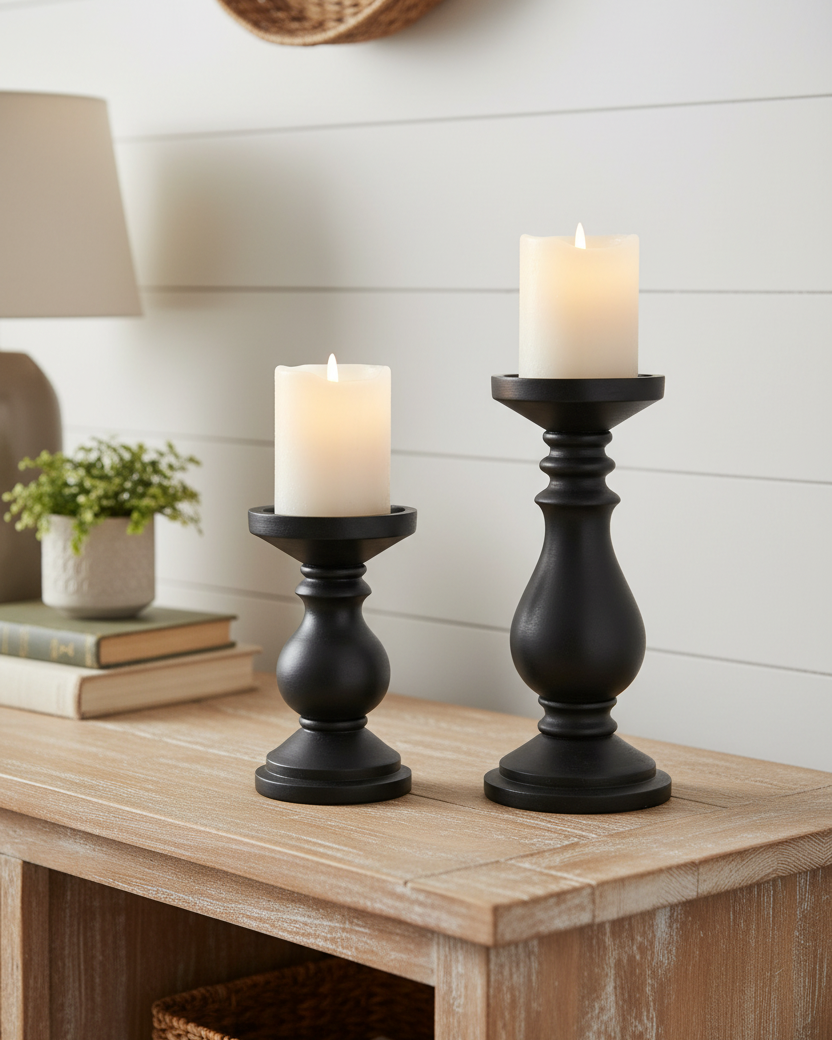 Mango Wood Candle Holder Black