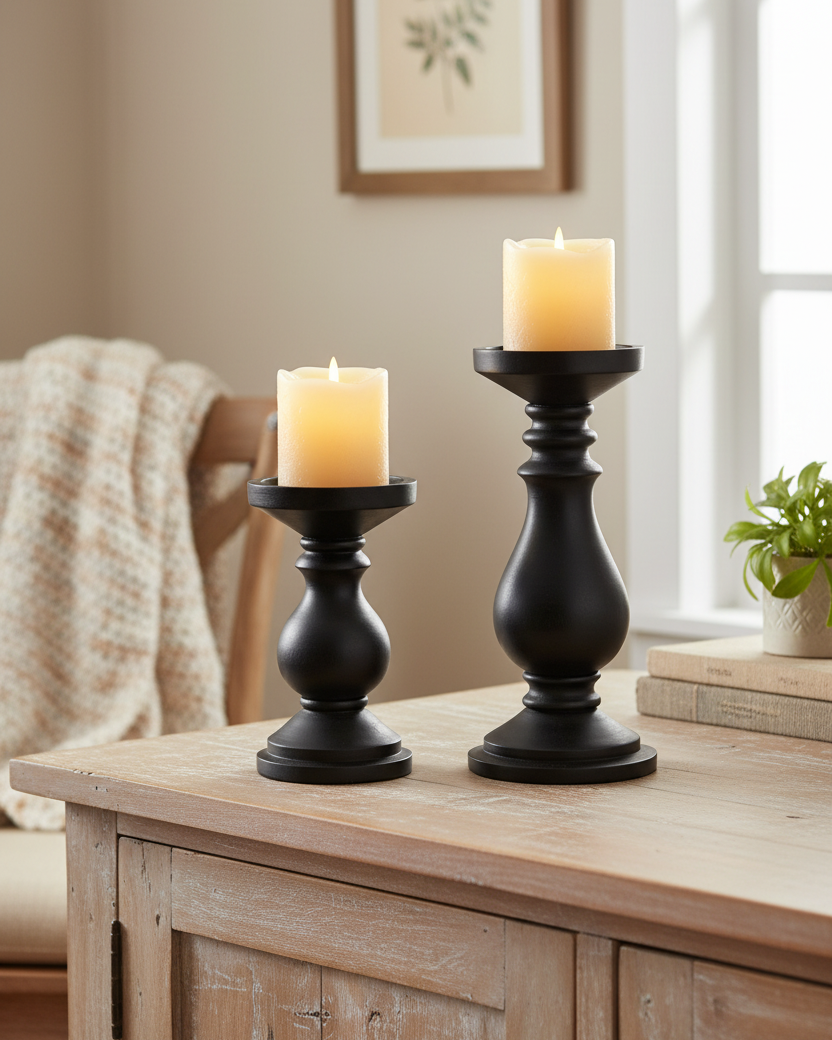Mango Wood Candle Holder Black