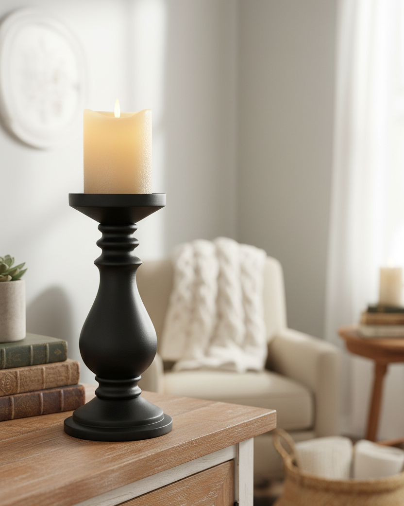 Mango Wood Candle Holder Black