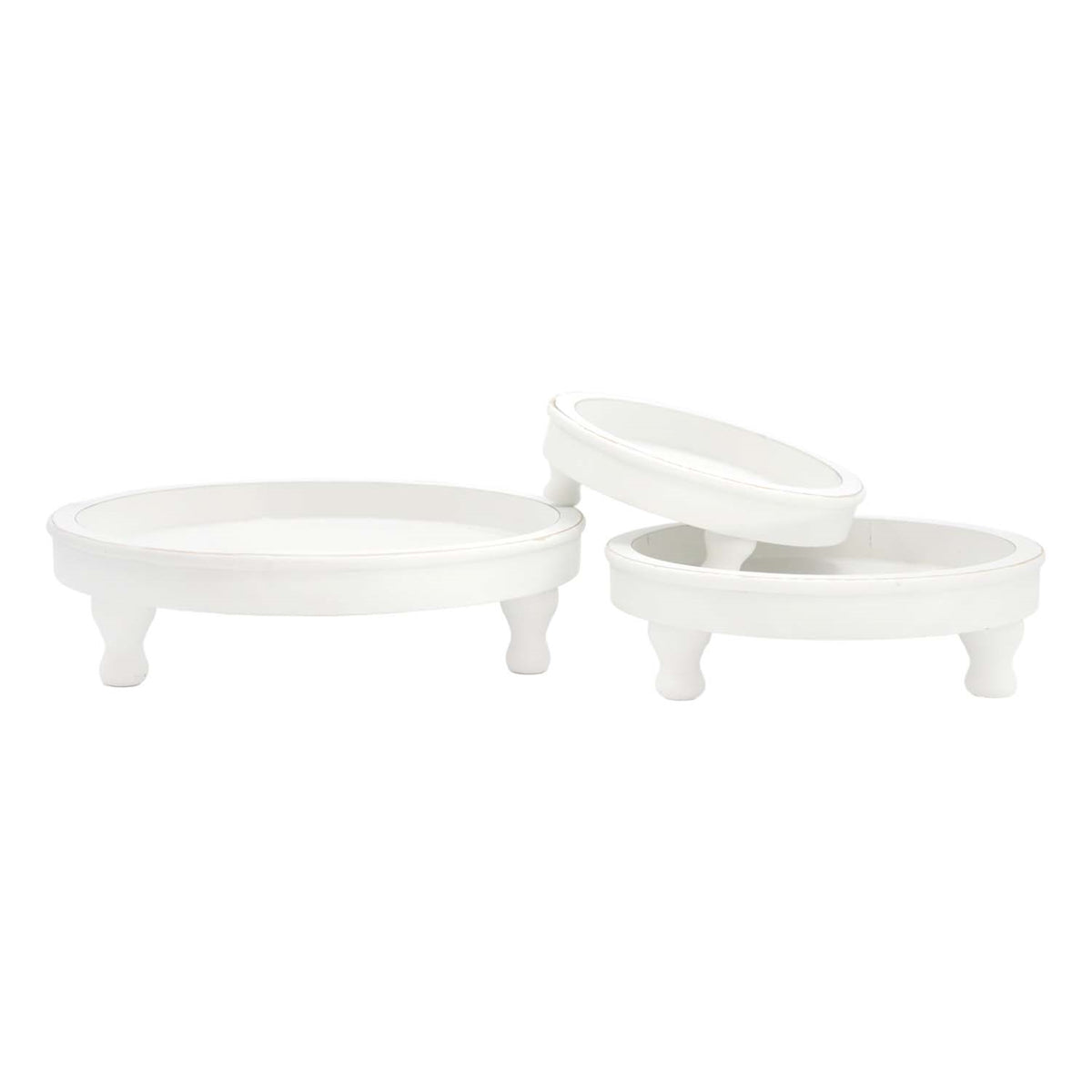 Distressed White Round Wood Tray on Stand