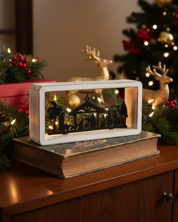 Distressed Whitewashed Wood Palm Nativity Frame