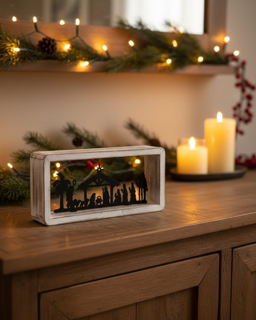 Distressed Whitewashed Wood Palm Nativity Frame