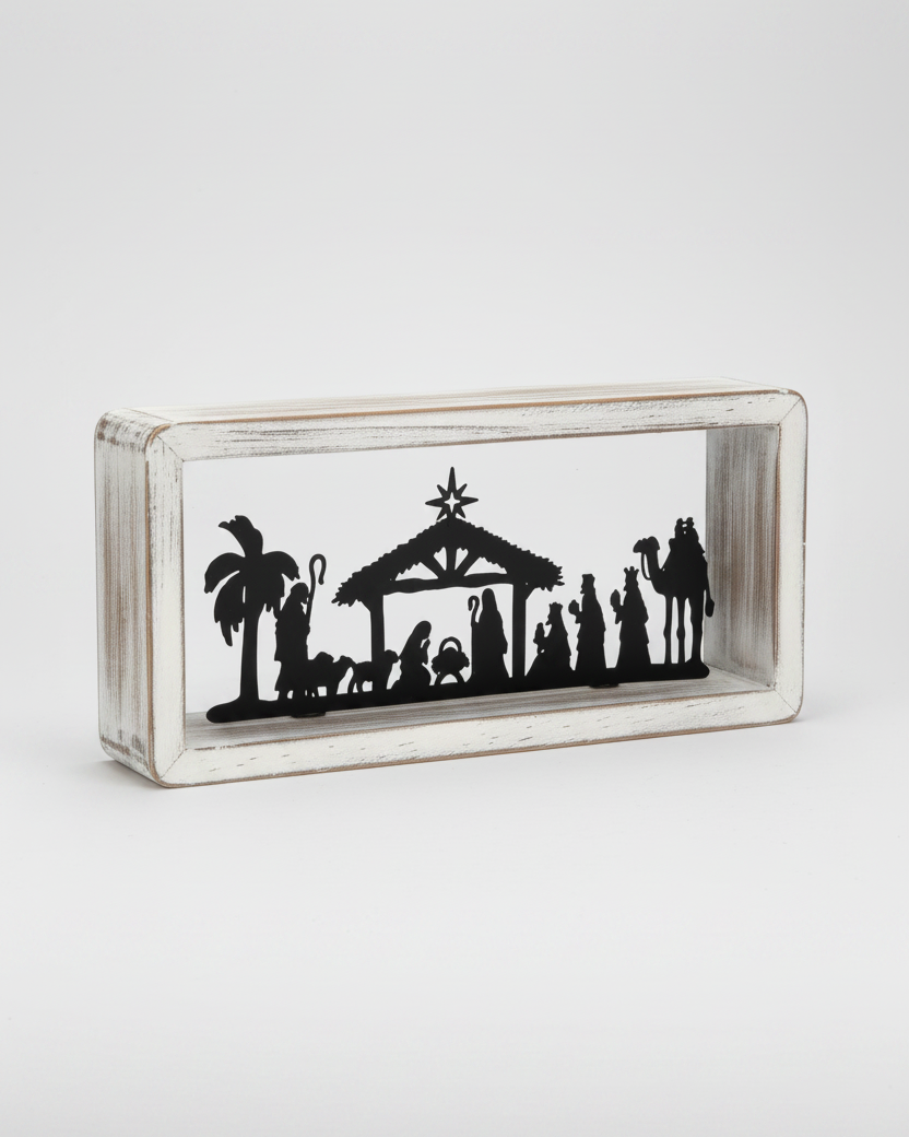 Distressed Whitewashed Wood Palm Nativity Frame
