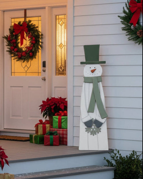 Green Scarf Wood Snowman Tall