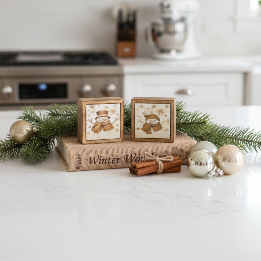Vintage Snowman Snowfall Framed Mini Block