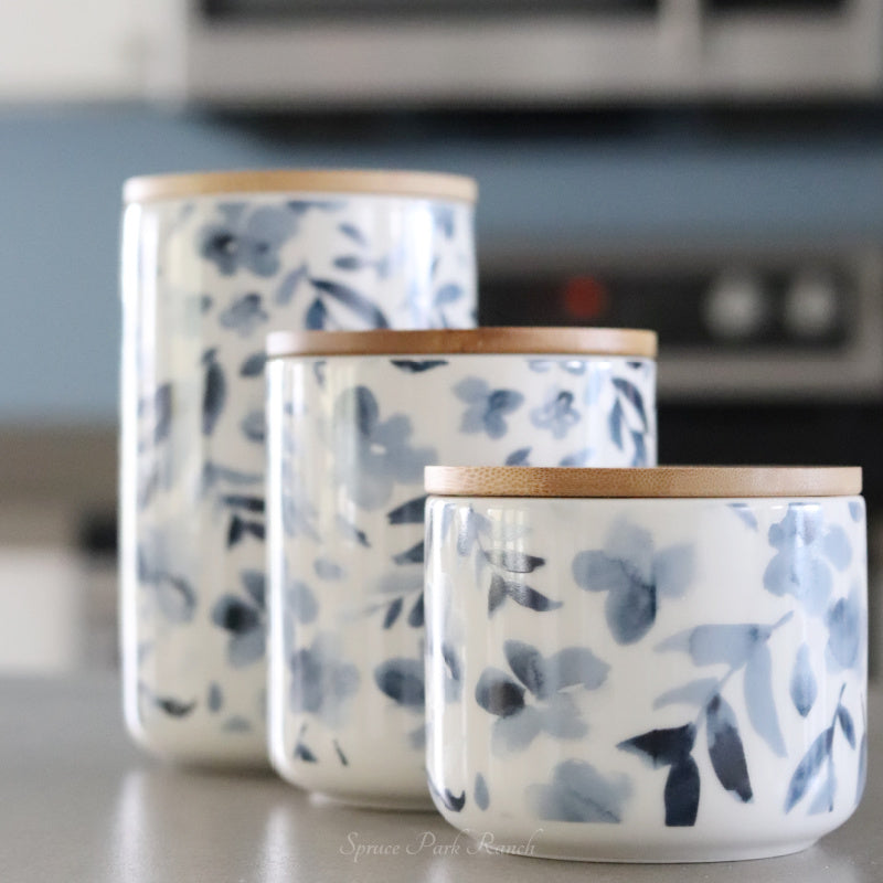 Watercolour Blue Floral Canister Set of 3