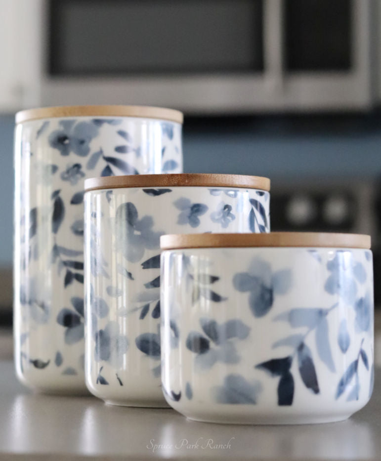 Watercolour Blue Floral Canister Set of 3