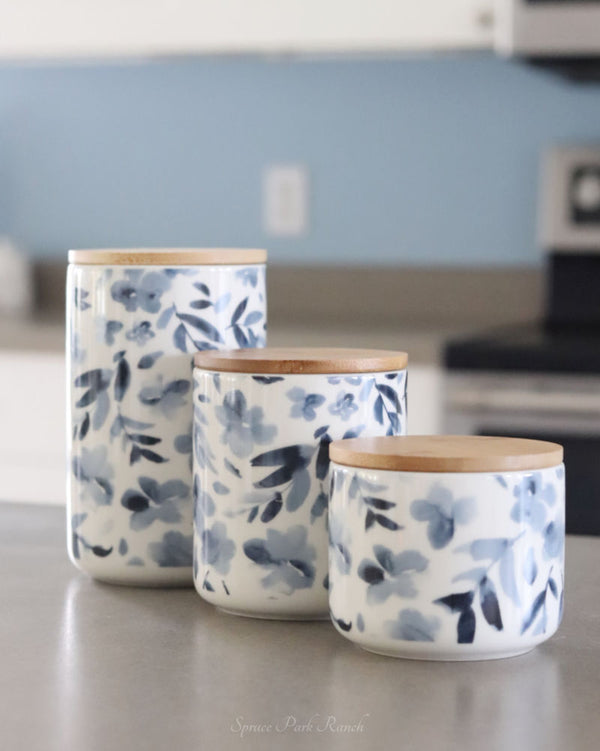 Watercolour Blue Floral Canister Set of 3