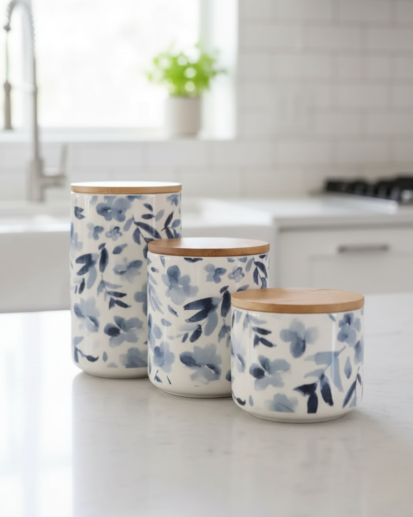 Watercolour Blue Floral Canister Set of 3