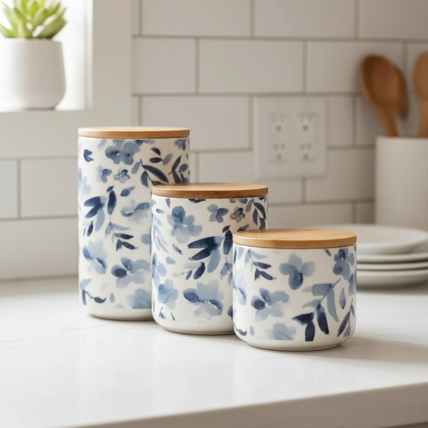 Watercolour Blue Floral Canister Set of 3