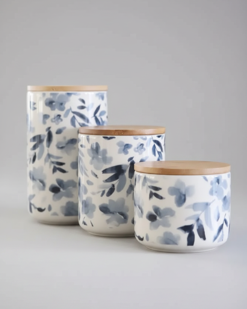 Watercolour Blue Floral Canister Set of 3
