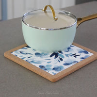Watercolour Blue Floral Ceramic and Cork Trivet