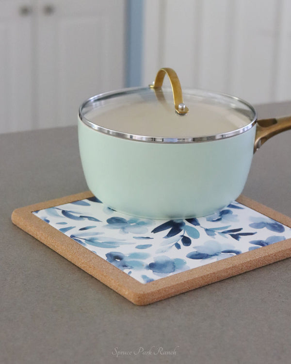 Watercolour Blue Floral Ceramic and Cork Trivet
