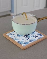 Watercolour Blue Floral Ceramic and Cork Trivet