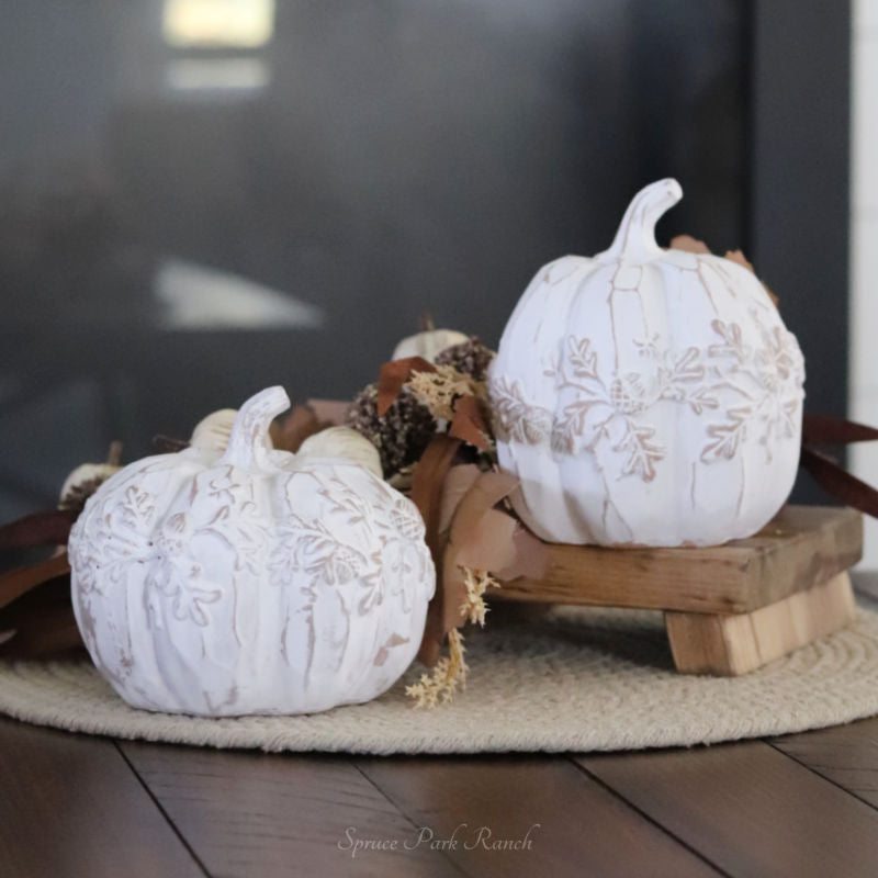 White Embossed Oak Leaf Resin Pumpkin