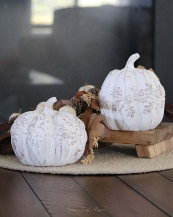 White Embossed Oak Leaf Resin Pumpkin