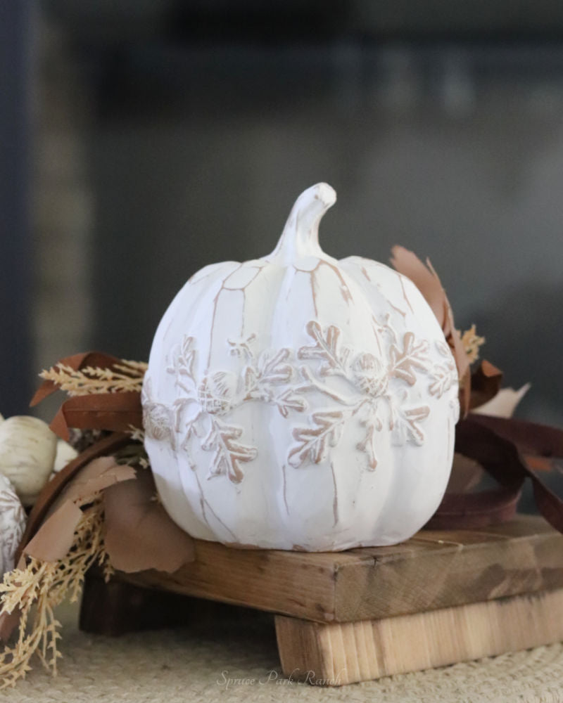 White Embossed Oak Leaf Resin Pumpkin