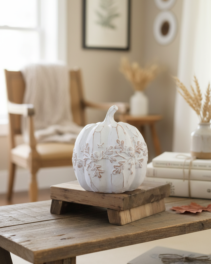 White Embossed Oak Leaf Resin Pumpkin