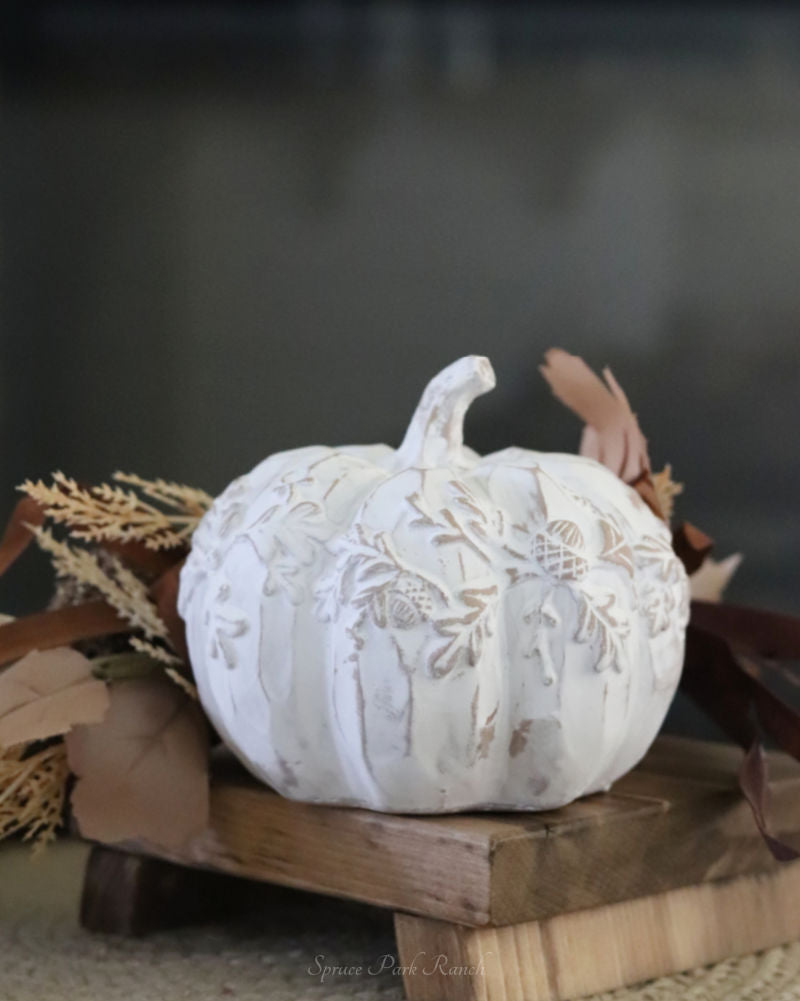 White Embossed Oak Leaf Resin Pumpkin