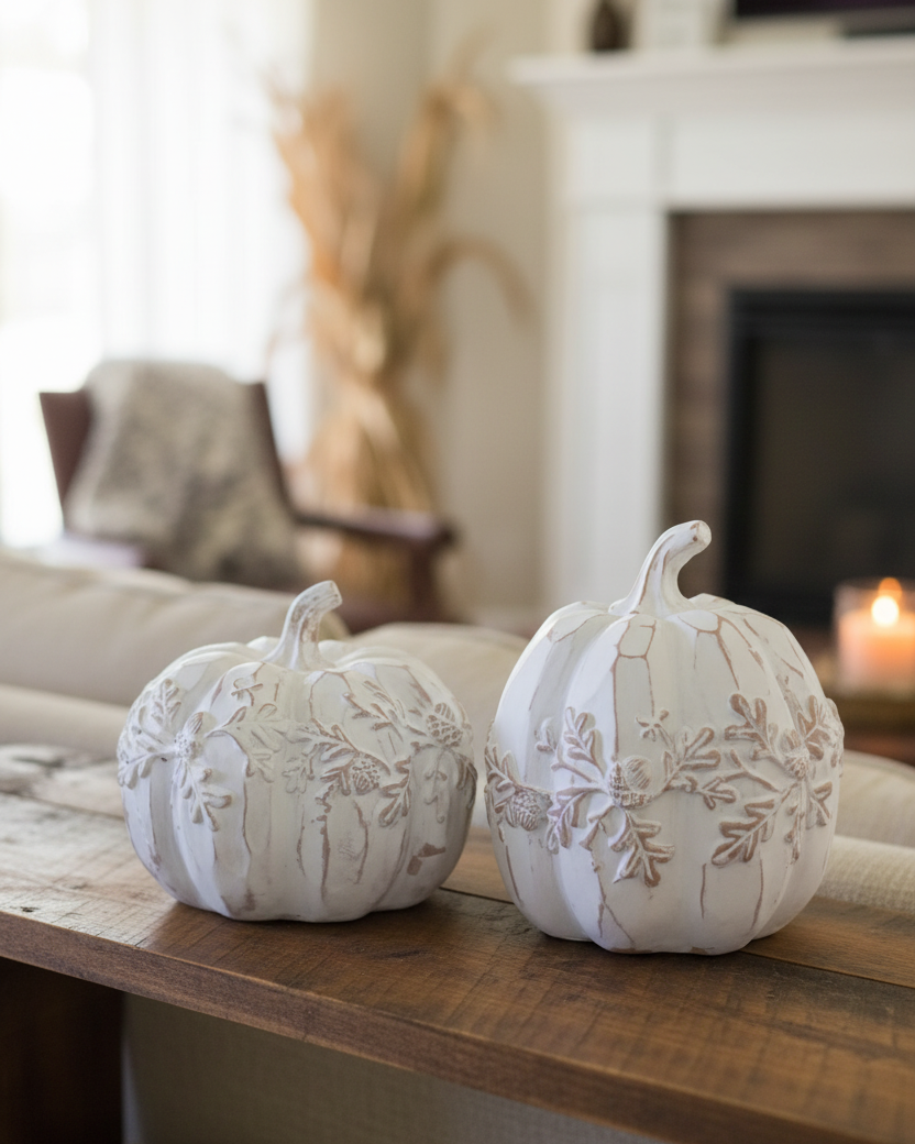 White Embossed Oak Leaf Resin Pumpkin