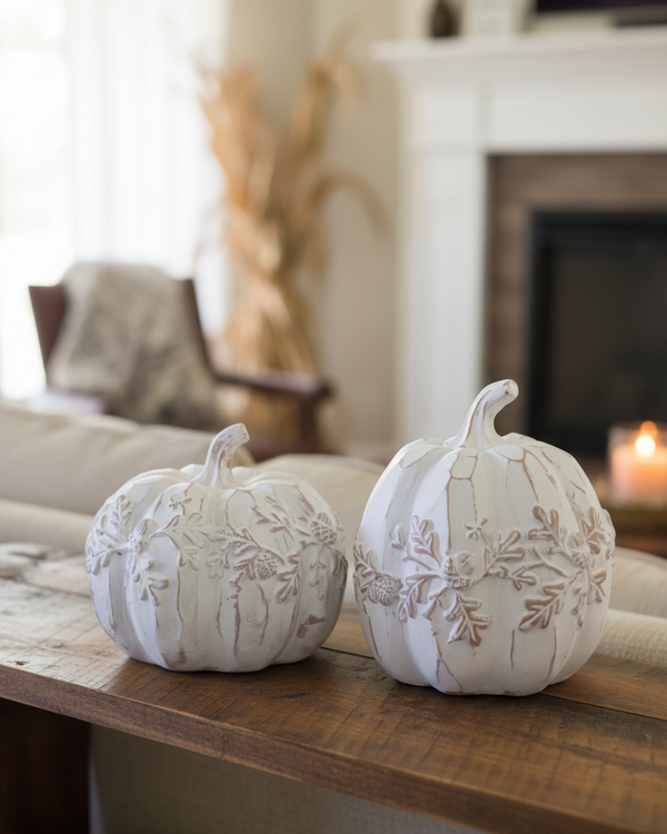 White Embossed Oak Leaf Resin Pumpkin