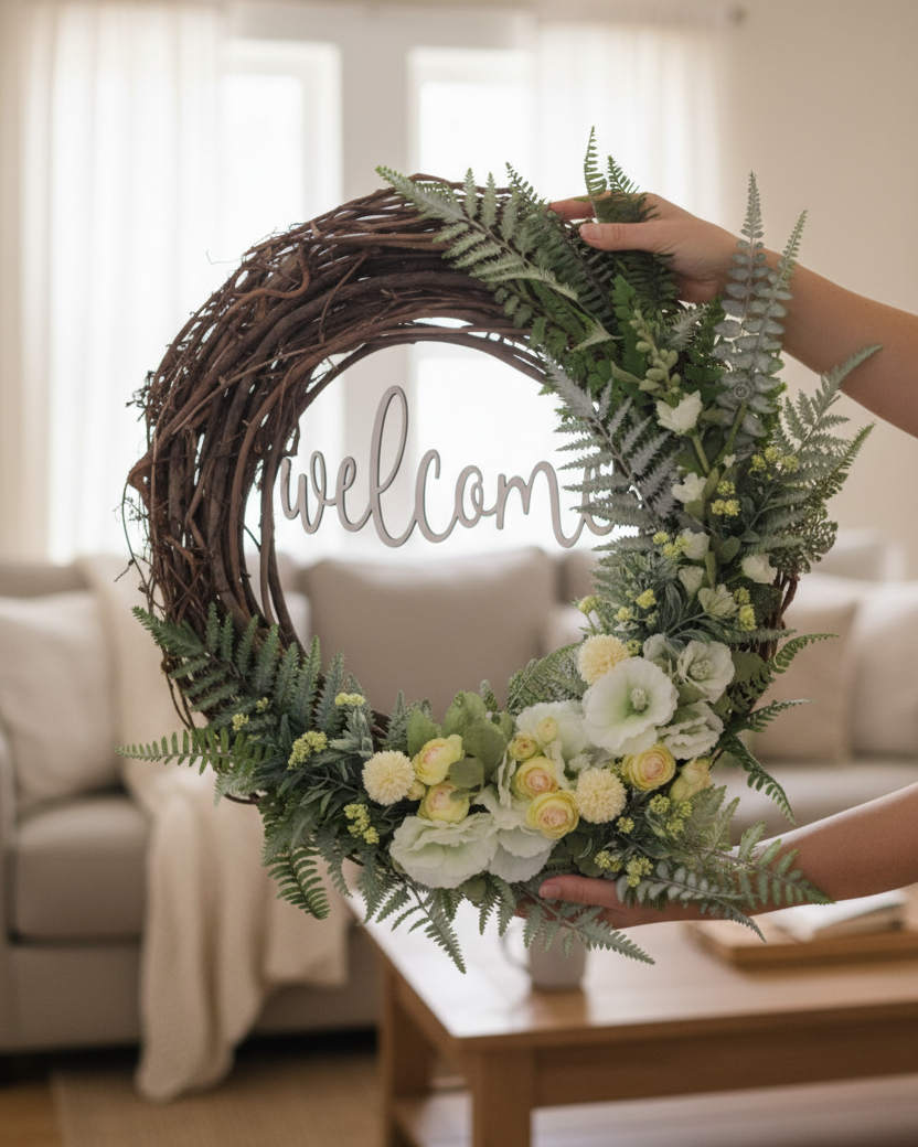 Welcome White Hollyhock and Yellow Ranunculus Fern Wreath