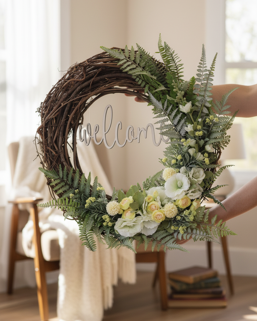 Welcome White Hollyhock and Yellow Ranunculus Fern Wreath