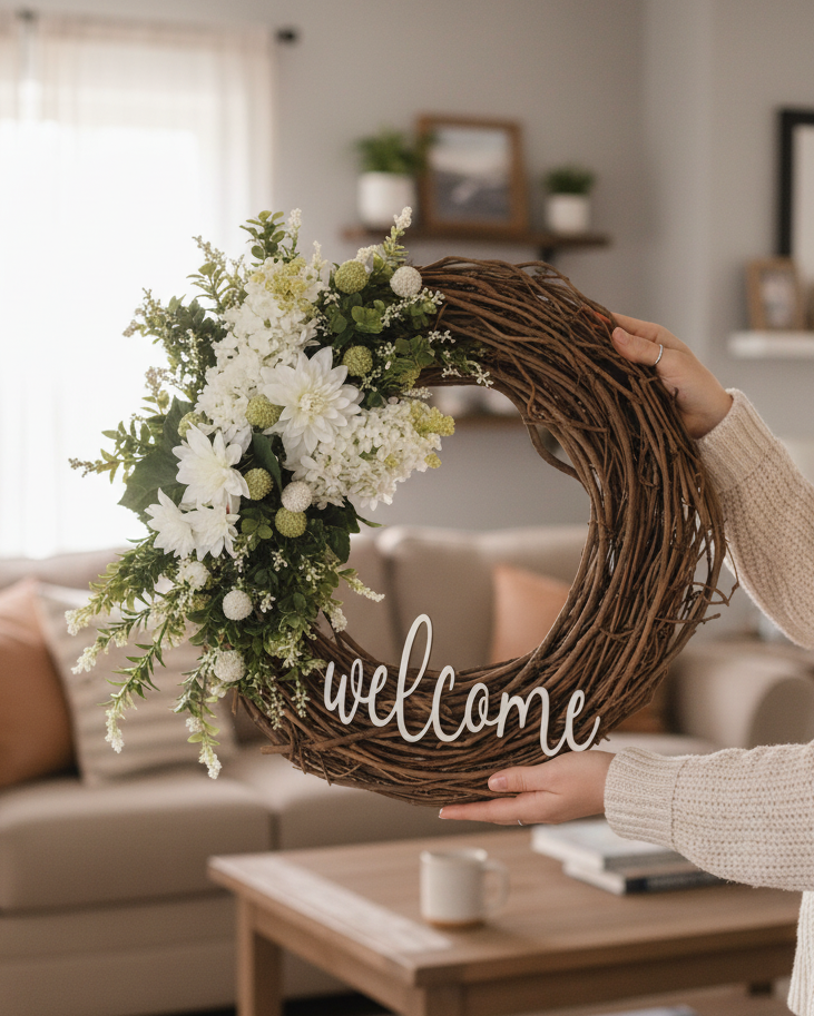Welcome White Lilac and Dahlia Wreath