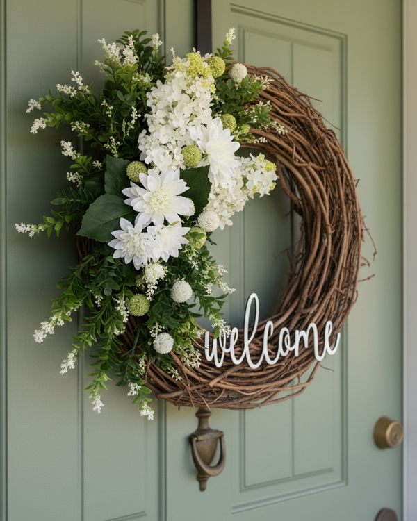 Welcome White Lilac and Dahlia Wreath
