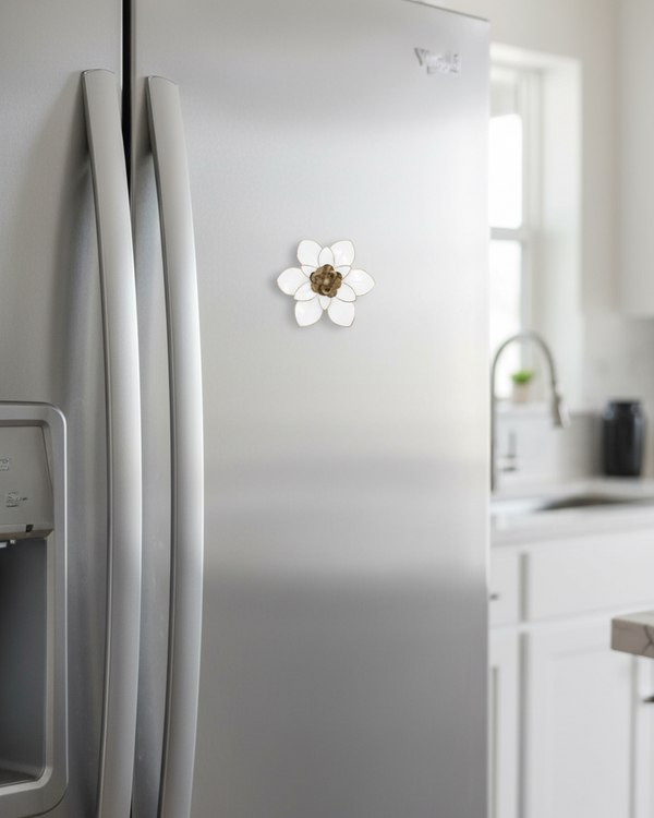 White and Gold Flower Metal Magnet