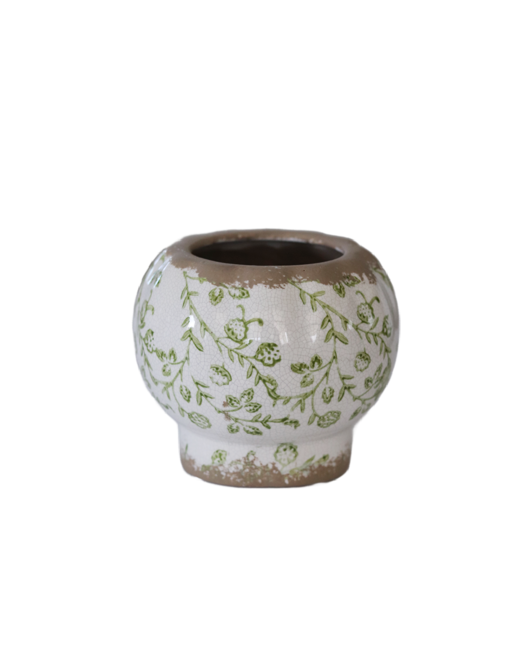 White and Green Flower Pattern Crackle Stoneware Planter