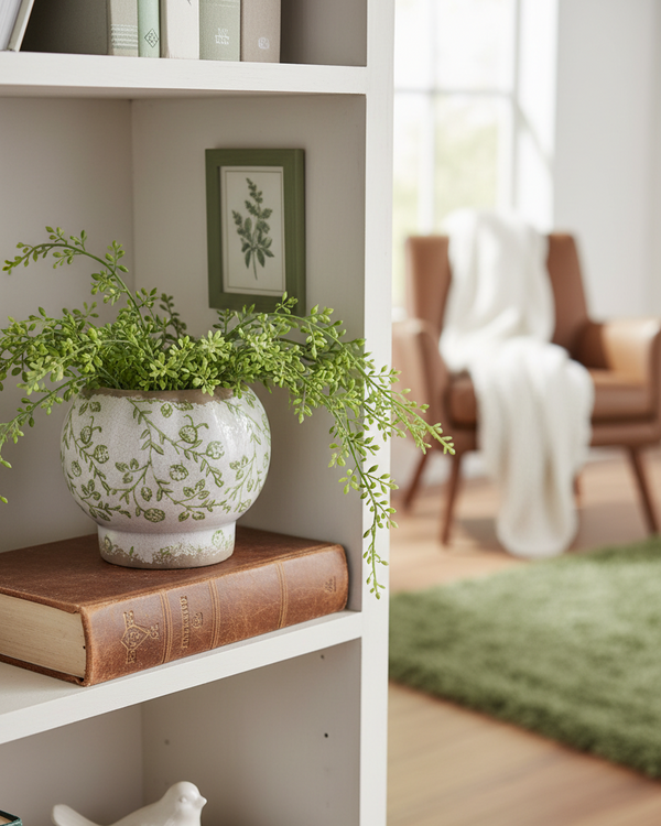 White and Green Flower Pattern Crackle Stoneware Planter