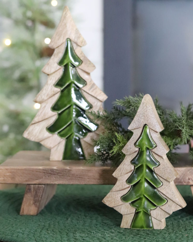 Layered Wood and Green Enamel Tree