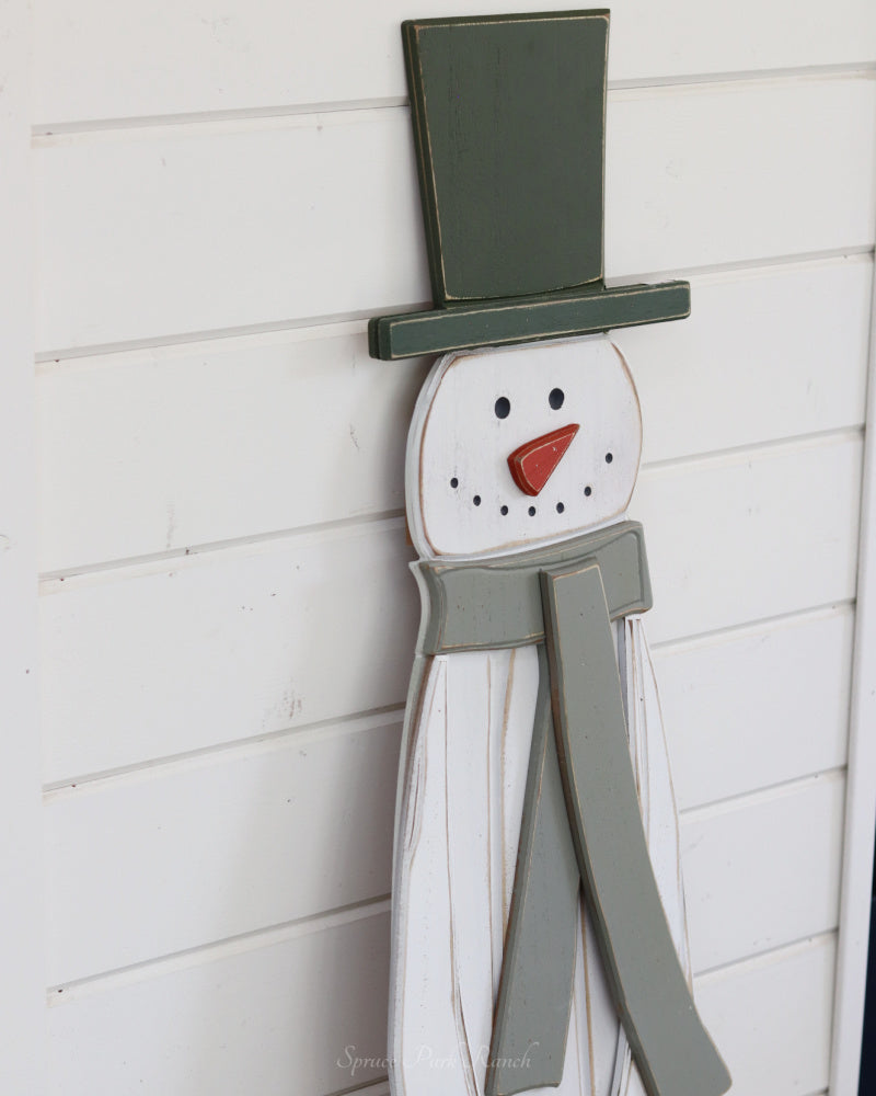 Green Scarf Wood Snowman Tall