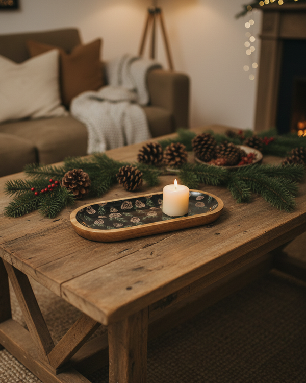 Woodland Pines Mango Wood Tray Black 15"