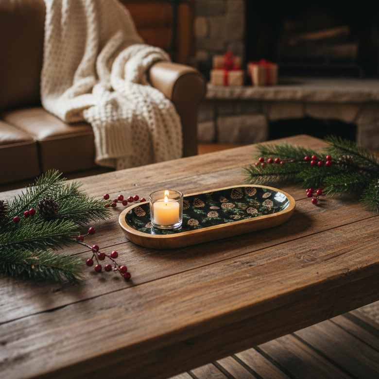 Woodland Pines Mango Wood Tray Black 15"