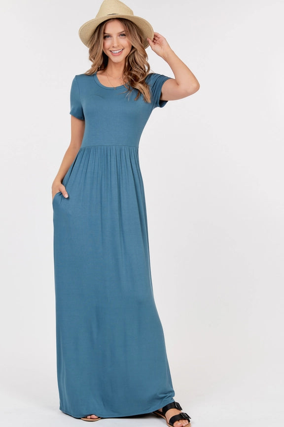 Short Sleeve Empire Waist Maxi Dress With Pockets