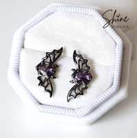 Purple Crystal Black Bat Stud Earrings