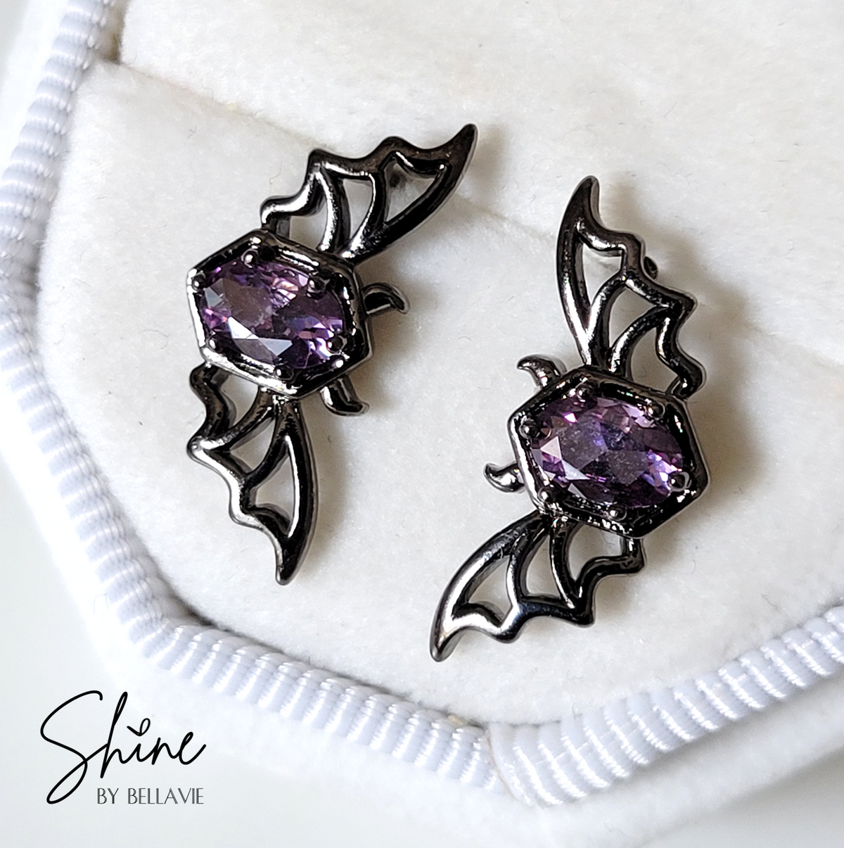 Purple Crystal Black Bat Stud Earrings