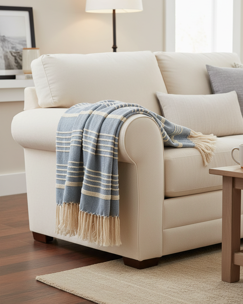 Blue and White Throw with Tassel Trim
