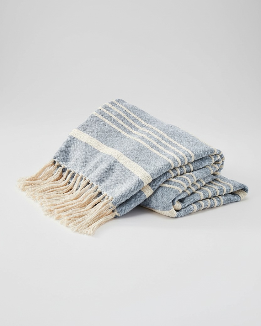 Blue and White Throw with Tassel Trim