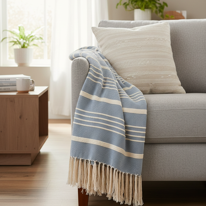 Blue and White Throw with Tassel Trim