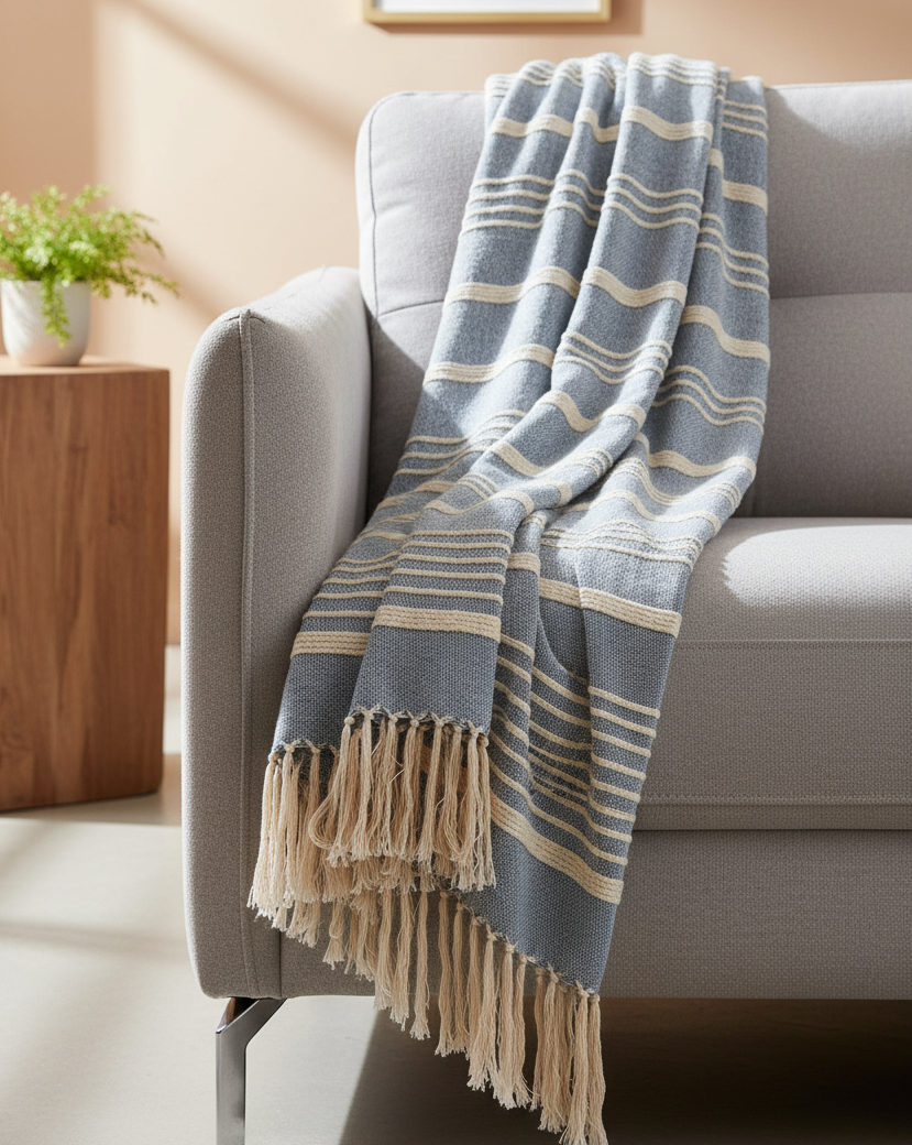 Blue and White Throw with Tassel Trim