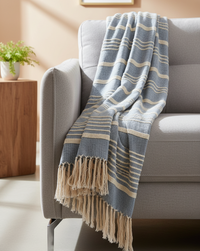 Blue and White Throw with Tassel Trim