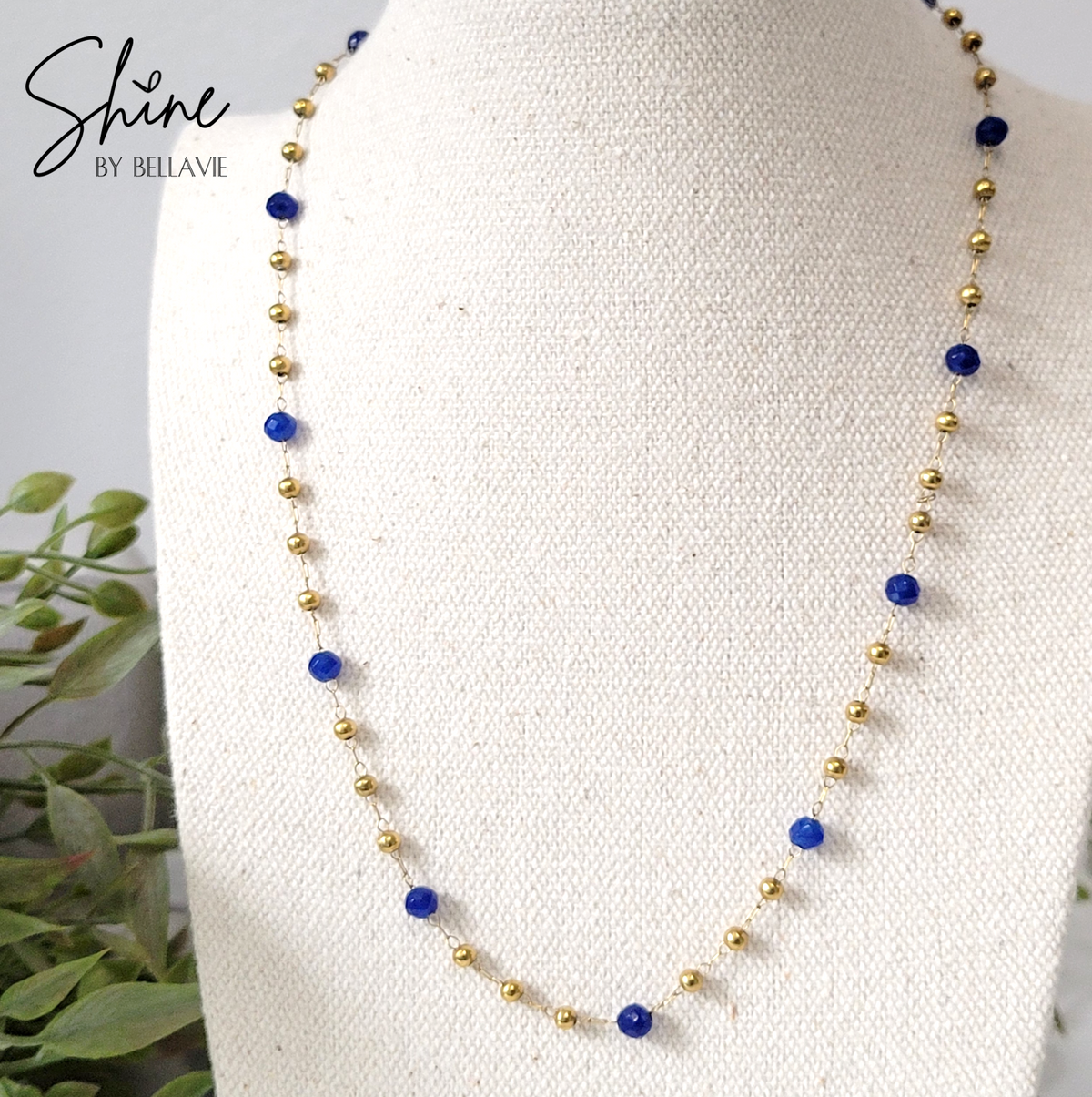 Colbalt And Gold Beaded Station Necklace