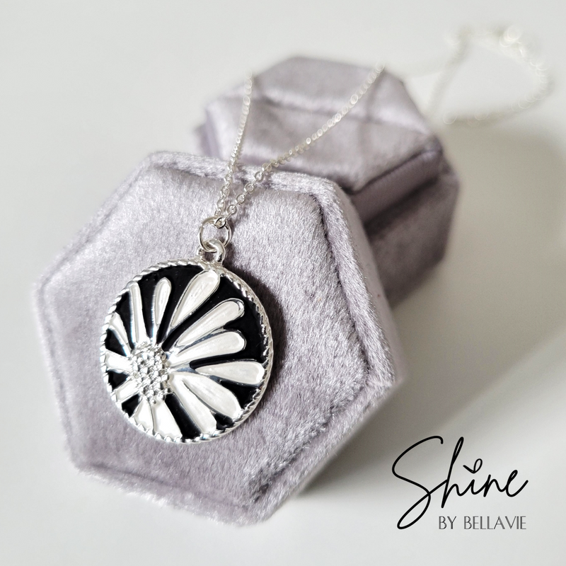 Daisy Black and White Enamel Flower Medallion Necklace