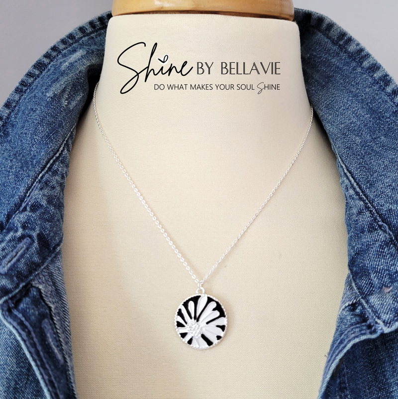 Daisy Black and White Enamel Flower Medallion Necklace