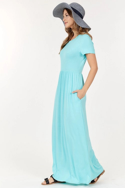 Short Sleeve Empire Waist Maxi Dress With Pockets